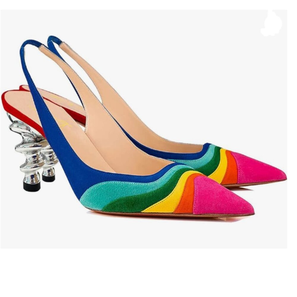 FOWT Rainbow Color Stripes Strange Spiral High Heel Pointed Toe Slingback Pump